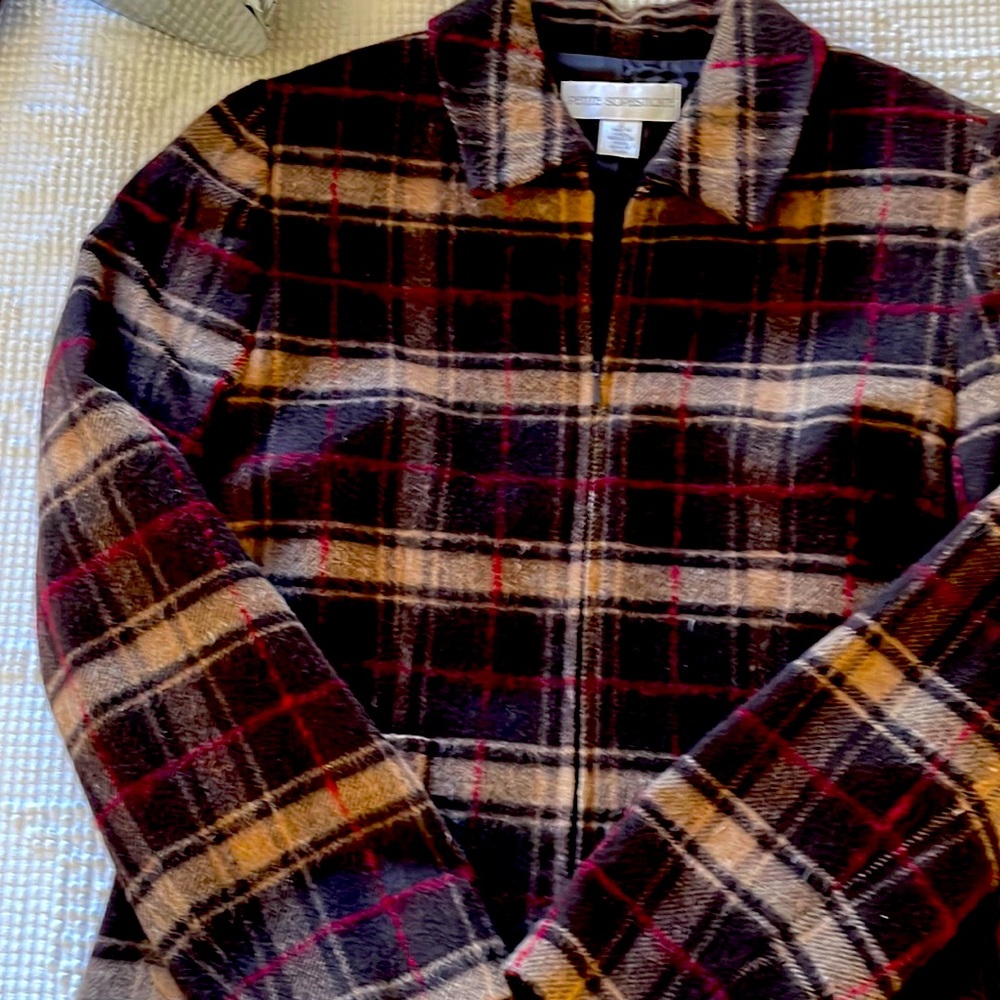 Briwn Plaid Zip Up Jacket by Petite Sophiscated